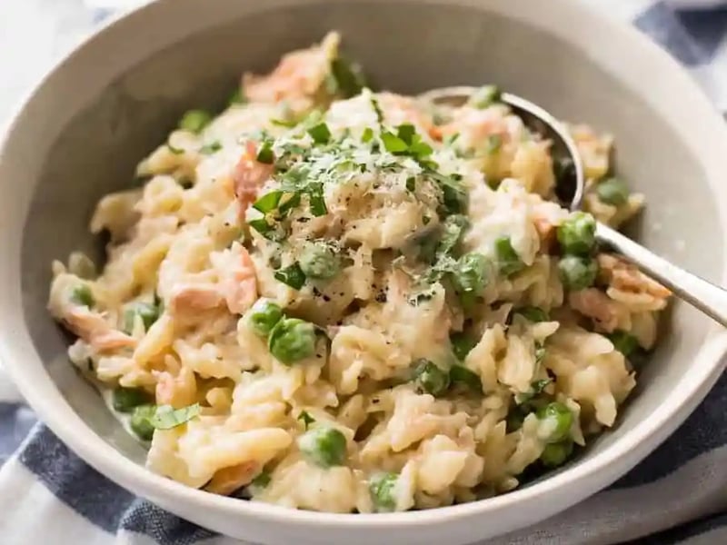 Creamy Smoked Salmon, Green Pea and Spinach Risoni