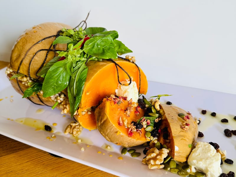 Trussed Butternut Pumpkin with sourdough stuffing.