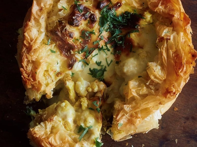 Curried Cauliflower Cheese Filo Pie