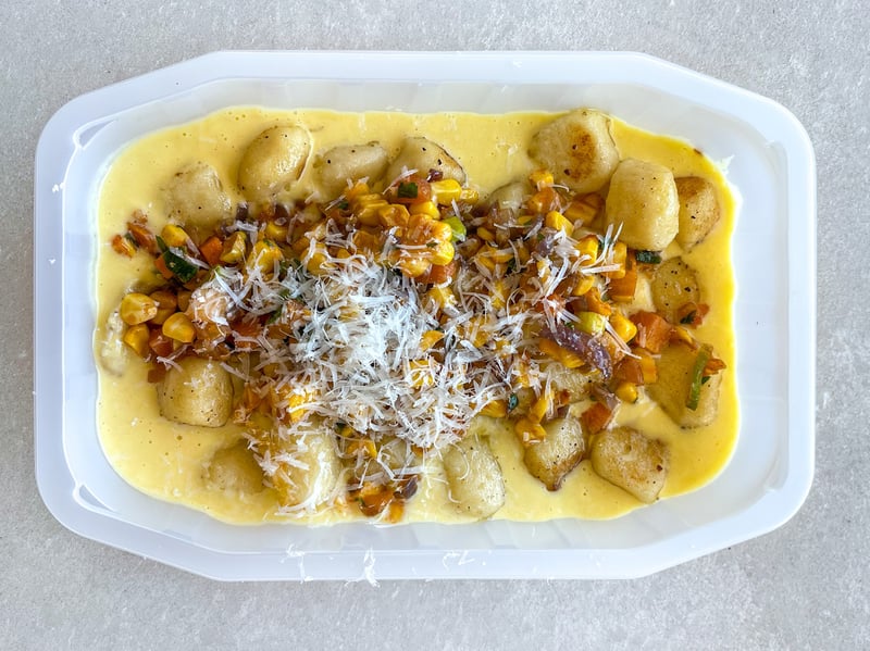 Pan-fried Gnocchi with summer corn sauce and pecorino