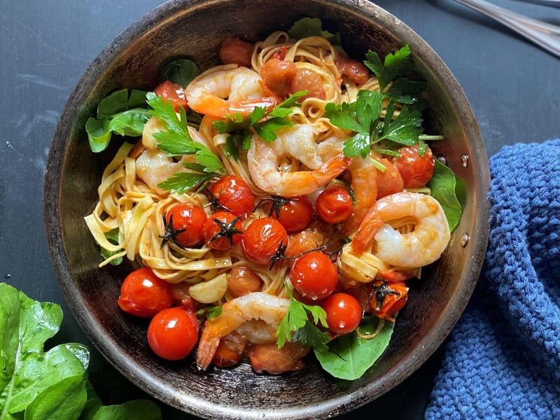 Prawn Linguine with Blistered Cherry Tomato, Rocket & Chilli