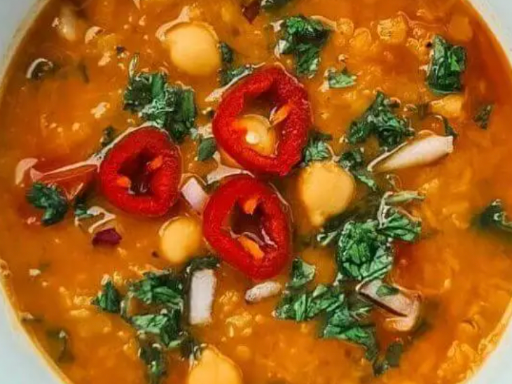 Moorish Chickpea, Red lentil Soup with Saffron and Spinach