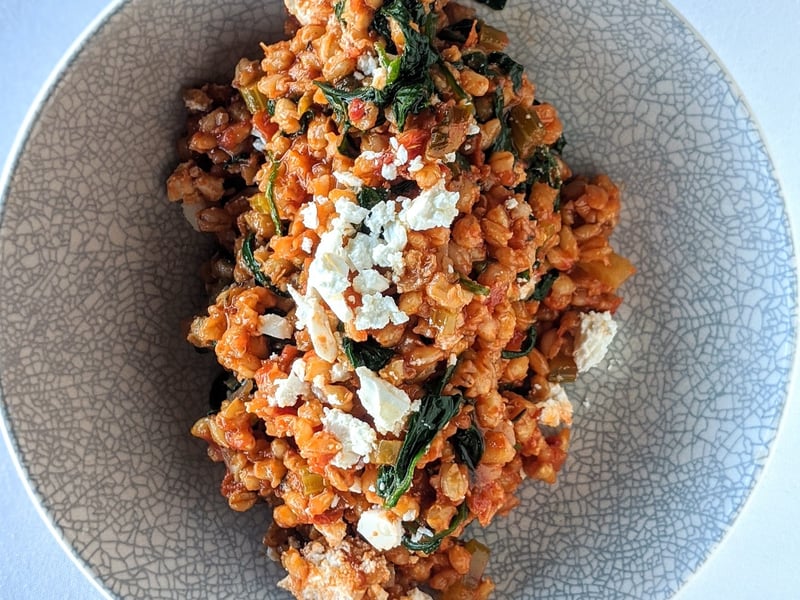 Barley Risotto with Cherry Tomatoes, Fetta & Spinach