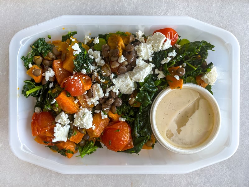 Kale & lentil salad with roasted carrots, pumpkin, feta, Tahini & maple dressing