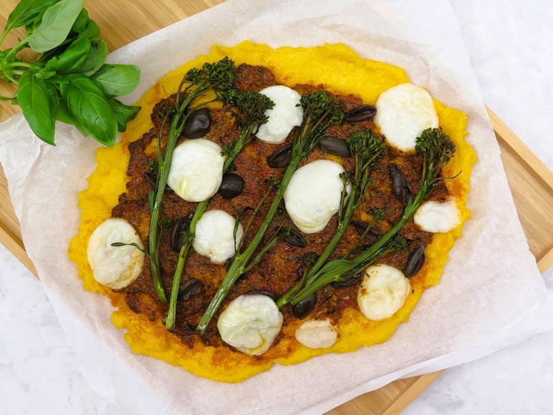 Red pesto polenta pizza