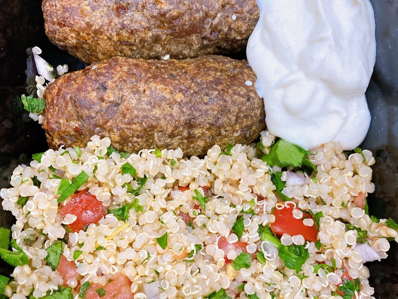 Lamb kofka with Quinoa Tabouli & Tzatziki