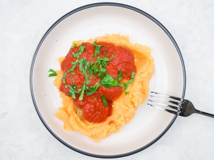 Tempeh meatballs in rich tomato sauce