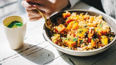 Chermoula roasted orange vegetables with chickpeas and couscous 