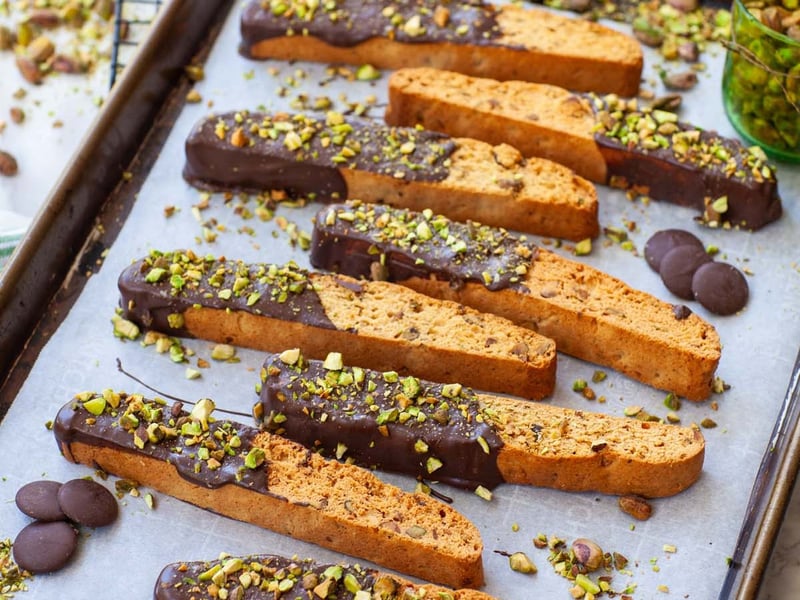 Choc Pistachio Coated Almond Biscotti