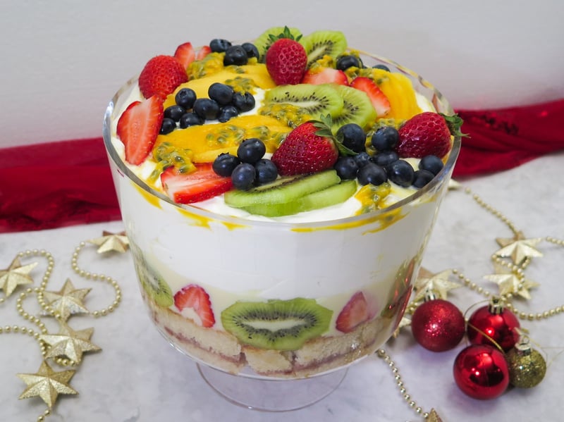 Festive fun trifle with fresh fruit, custard and cream (no added gluten)