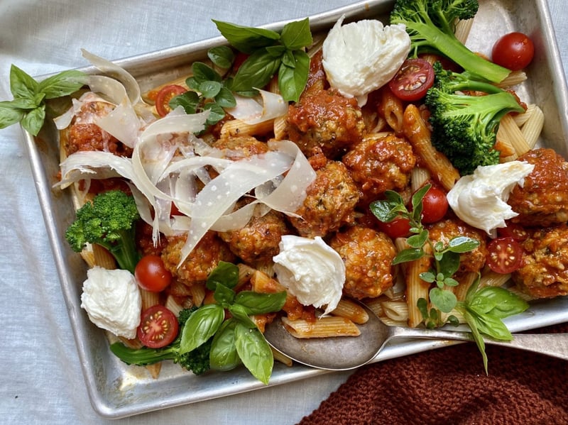 Veggie Packed Meatball Tray Bake with Penne Pasta