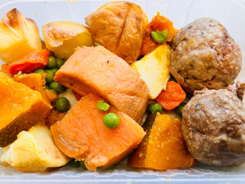 Fennel & Caramelised Onion Pork Rissoles with Roasted Vegetables Large