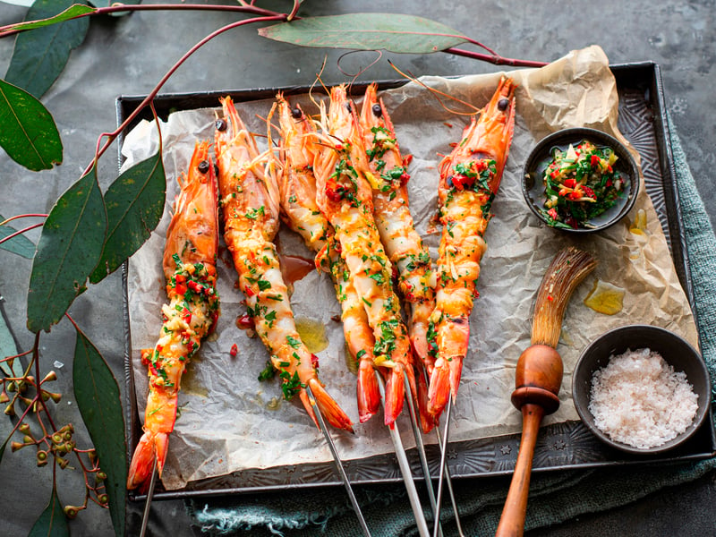 Marinated Chilli, Garlic Prawn Skewers