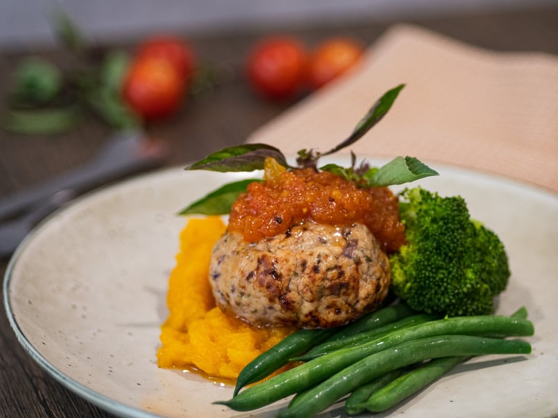 Chicken Rissole with Pumpkin Mash & Seasonal Greens