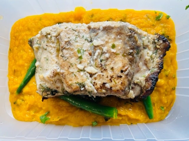 Lean -Sage, Garlic & Lemon Barramundi with Green Veggies & Pumpkin Mash