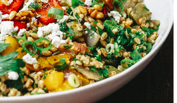 Roast mediterranean vegetables with pearl barley and a pomegranate dressing
