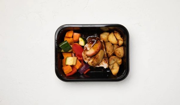 Roast Pork with Roasted Vegetable Medley, Potatoes and Caramelised Apple